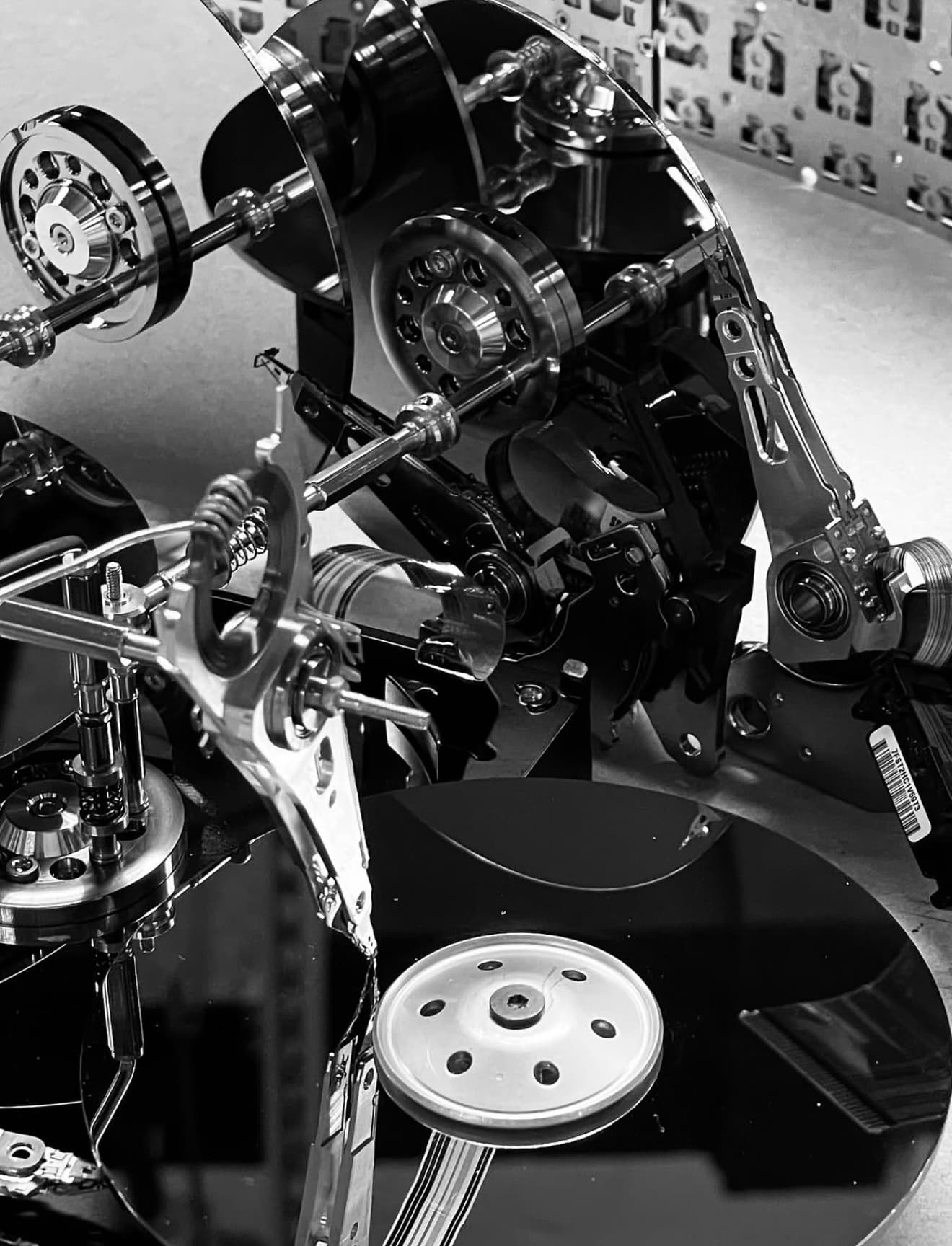 Close-up of stacked platters and read arms in the model