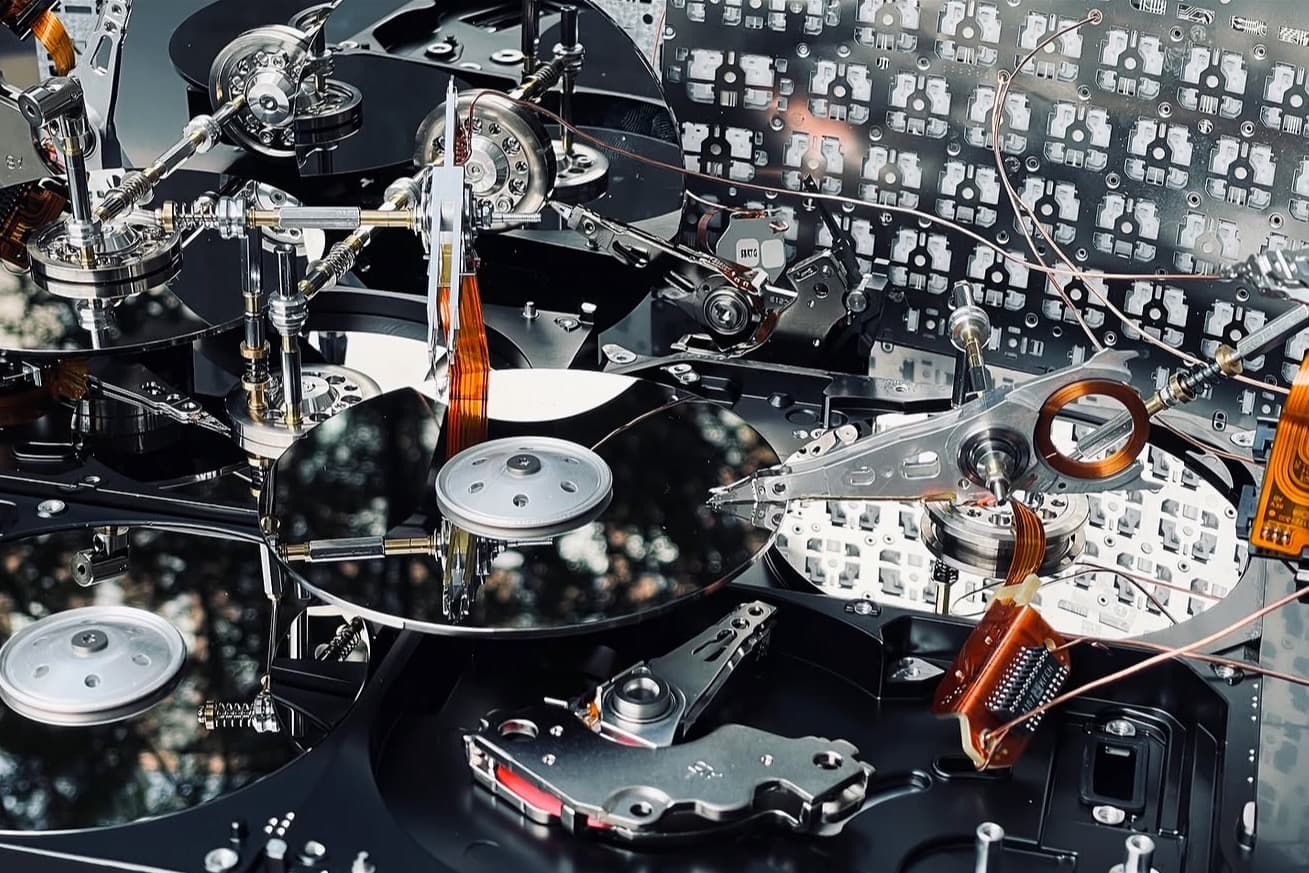 Voice coils and actuator arms wired into the model — the machinery of writing memory