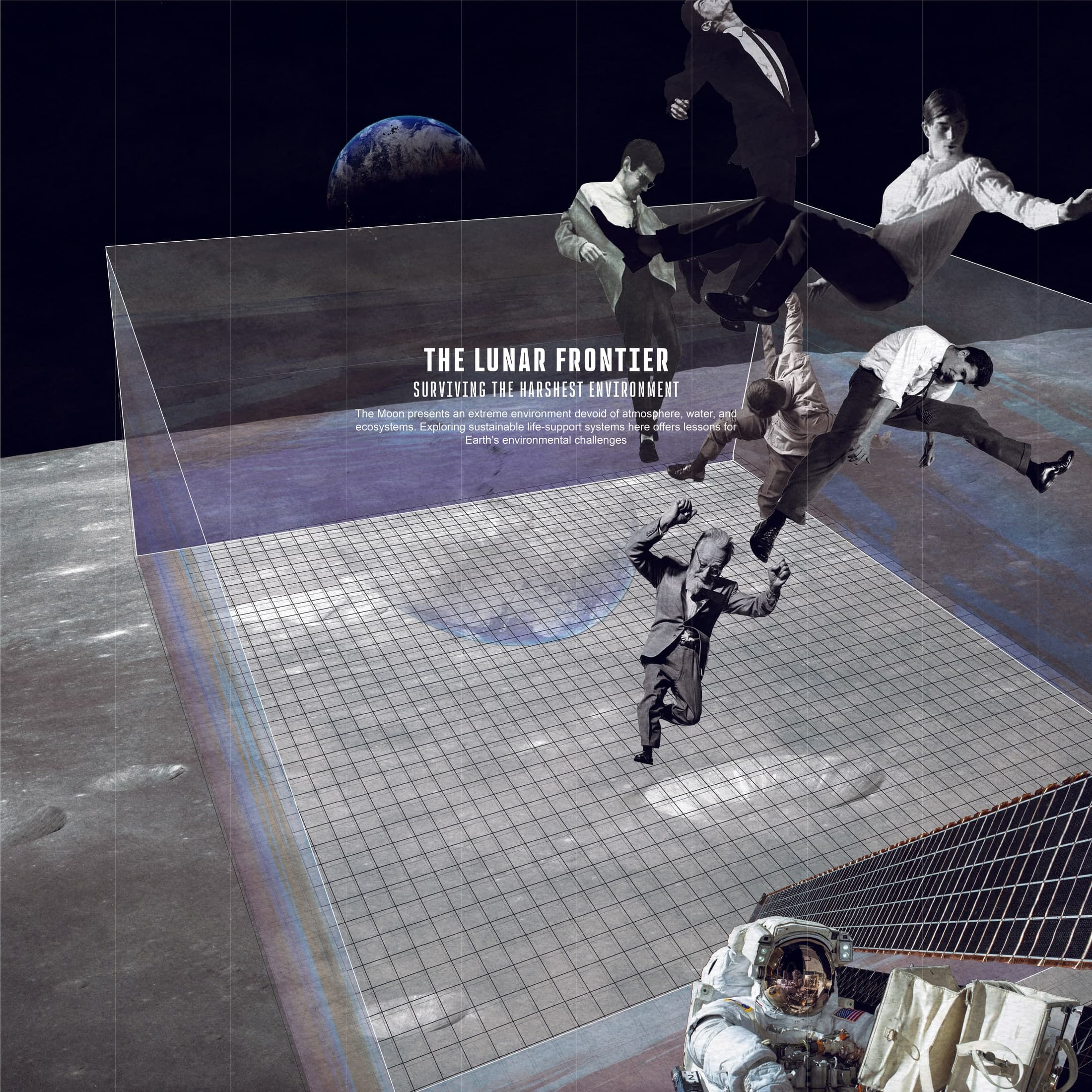 The Lunar Frontier — figures tumbling over a gridded excavation in the lunar surface, Earth rising over the black horizon