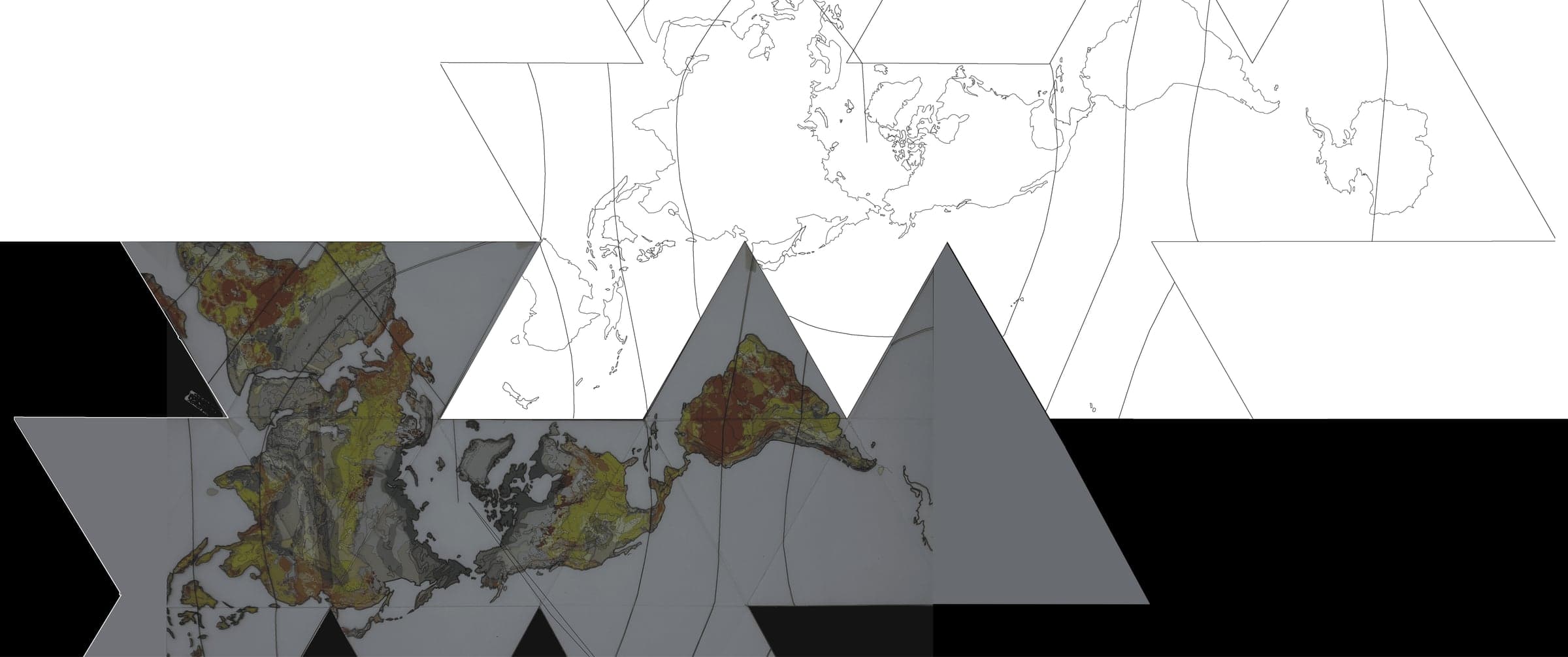 Dymaxion composite — the world unfolded into triangles, environmental data layers overlaid on half the map, blank projection on the other