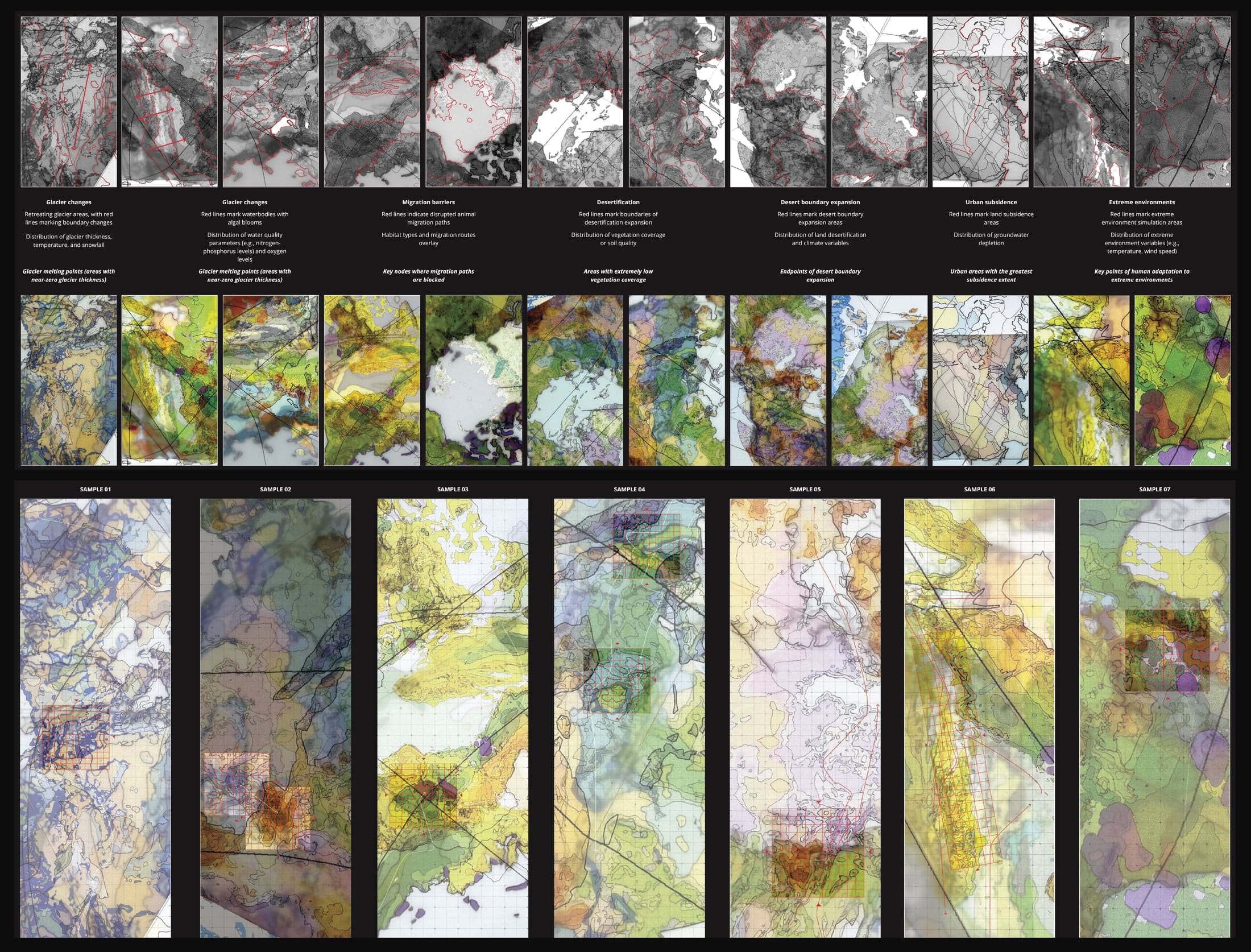 Sample board — rows of black-and-white data maps with red annotations, colored overlay maps, and seven extracted sample strips