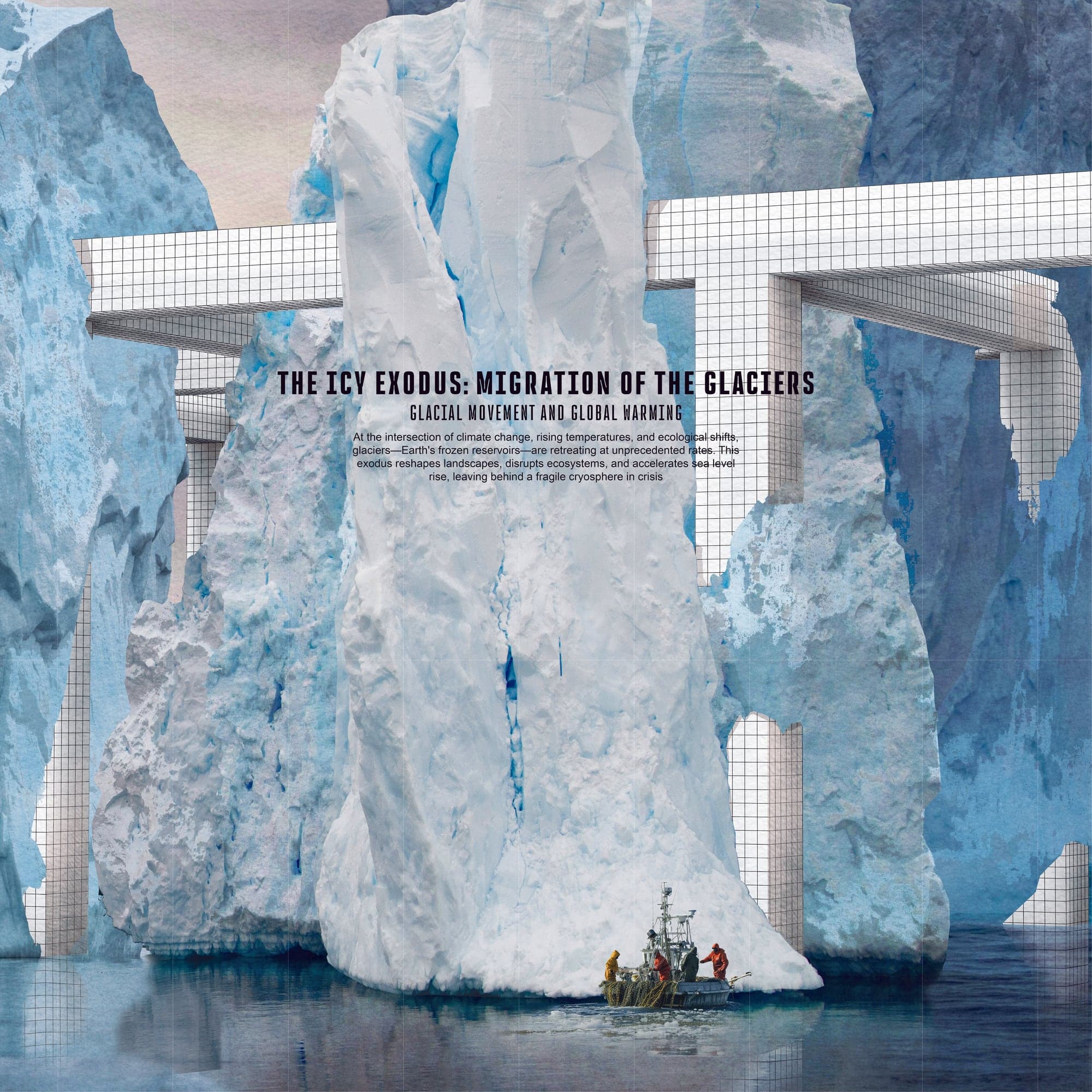 The Icy Exodus — gridded piers thread between towering icebergs while a small fishing boat waits below