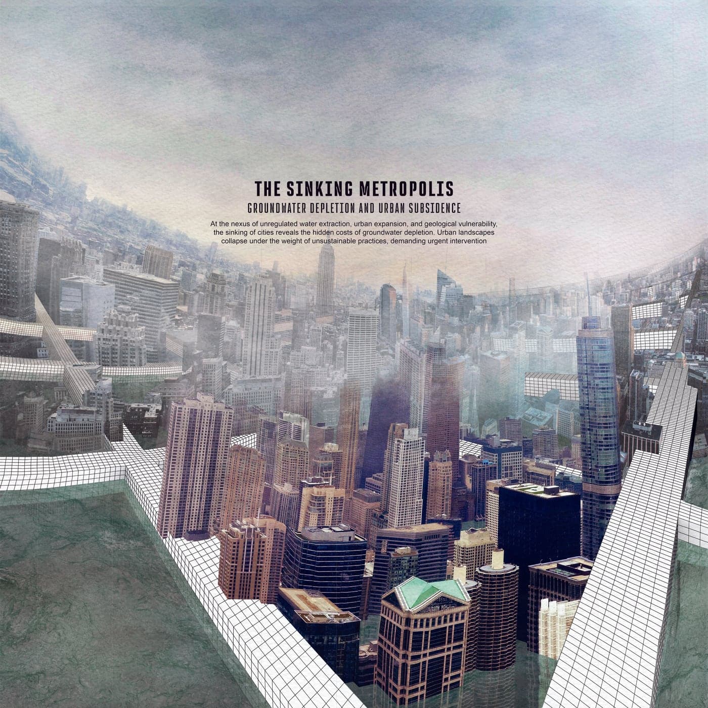 The Sinking Metropolis — a city skyline settles into a gridded excavation, groundwater rendered as green marble