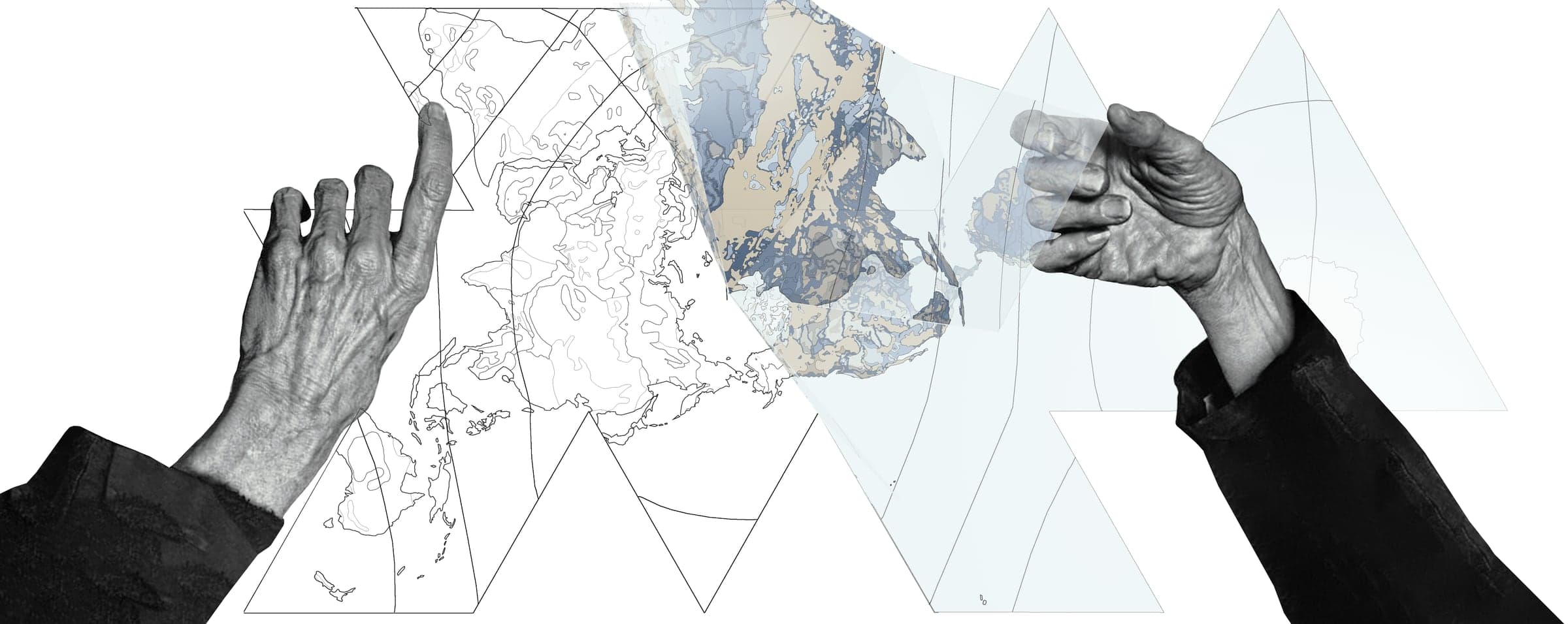Weathered hands reach across the triangulated map — the folded Earth handed on