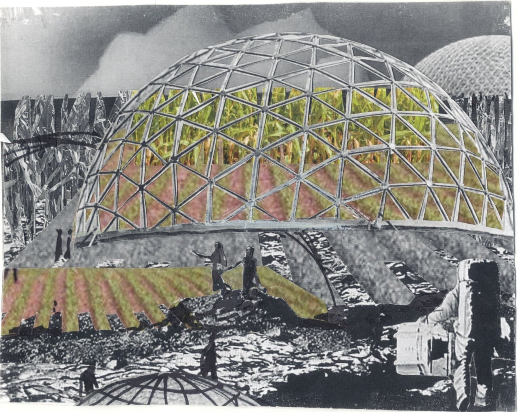 Collage — a geodesic dome shelters cornfields and ploughed ground on a grey lunar plain