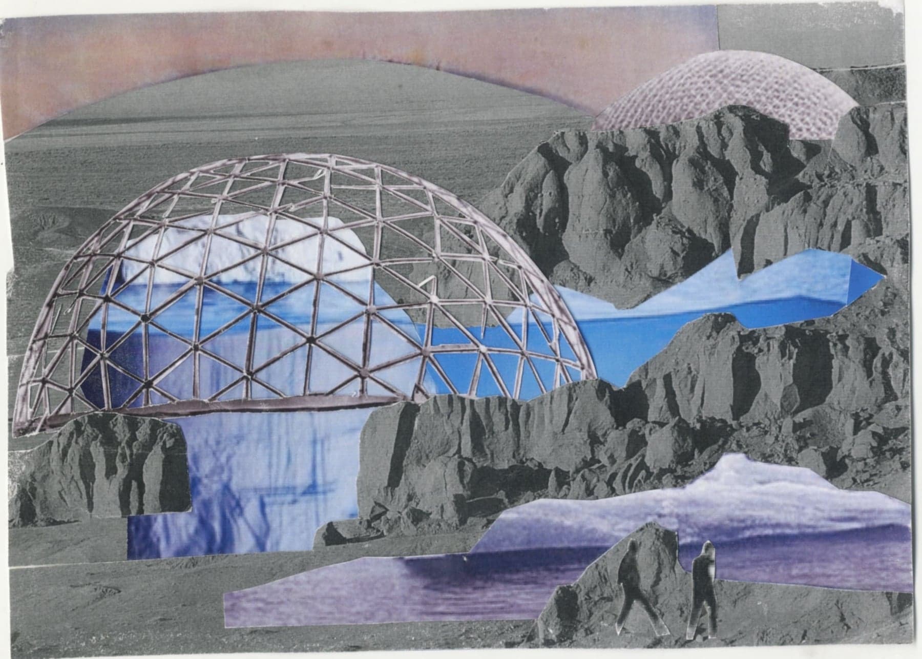 Collage — a dome frame holds an iceberg and meltwater among grey craters as two figures walk the shore