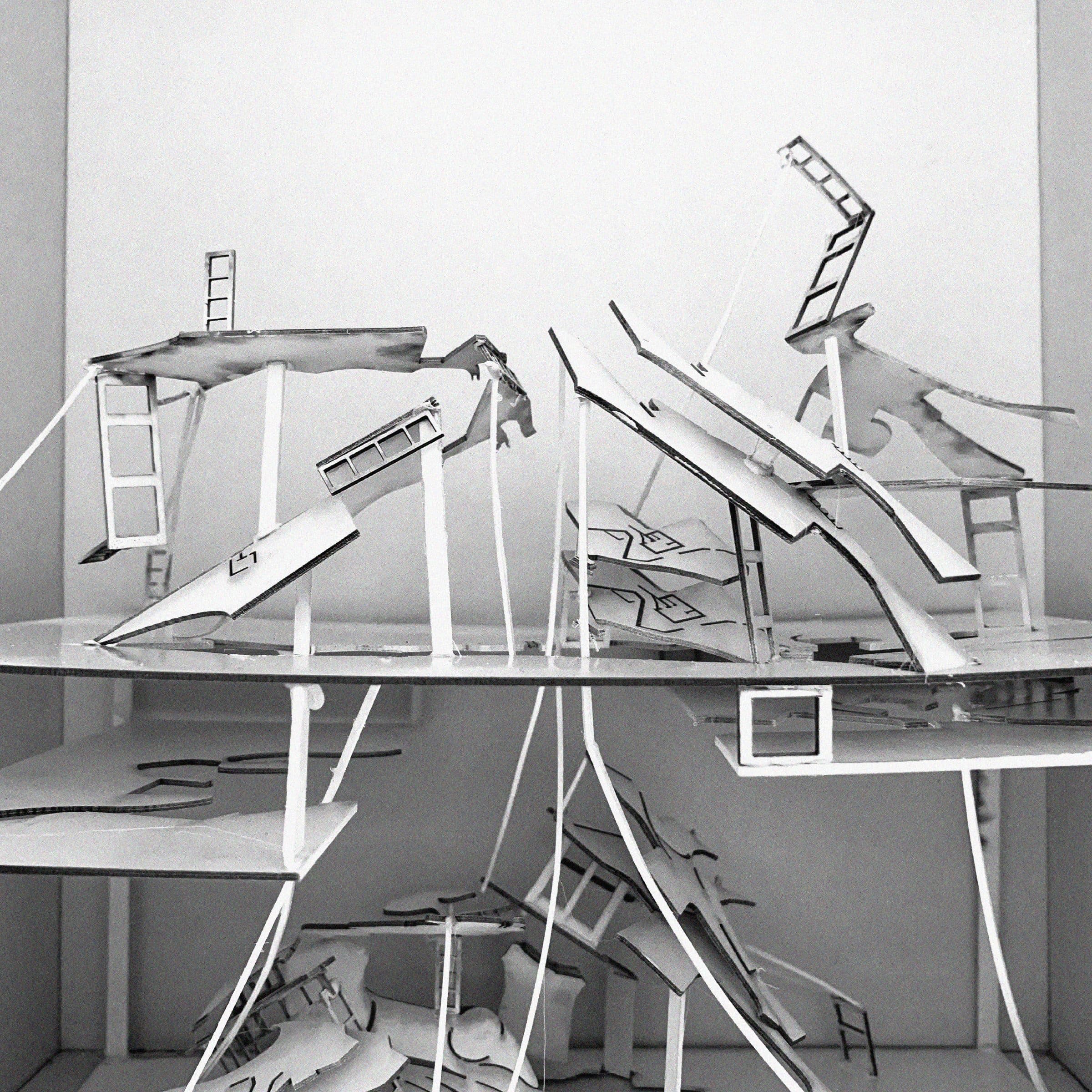 Memento concept model — white wall fragments suspended between planes, an inhabitable boundary in section