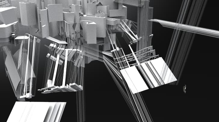 Dark study — city fabric eroding into suspended fragments over the void