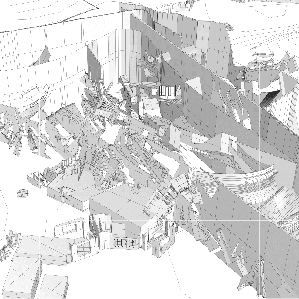 Wireframe axonometric — the wall opened as an inhabitable section