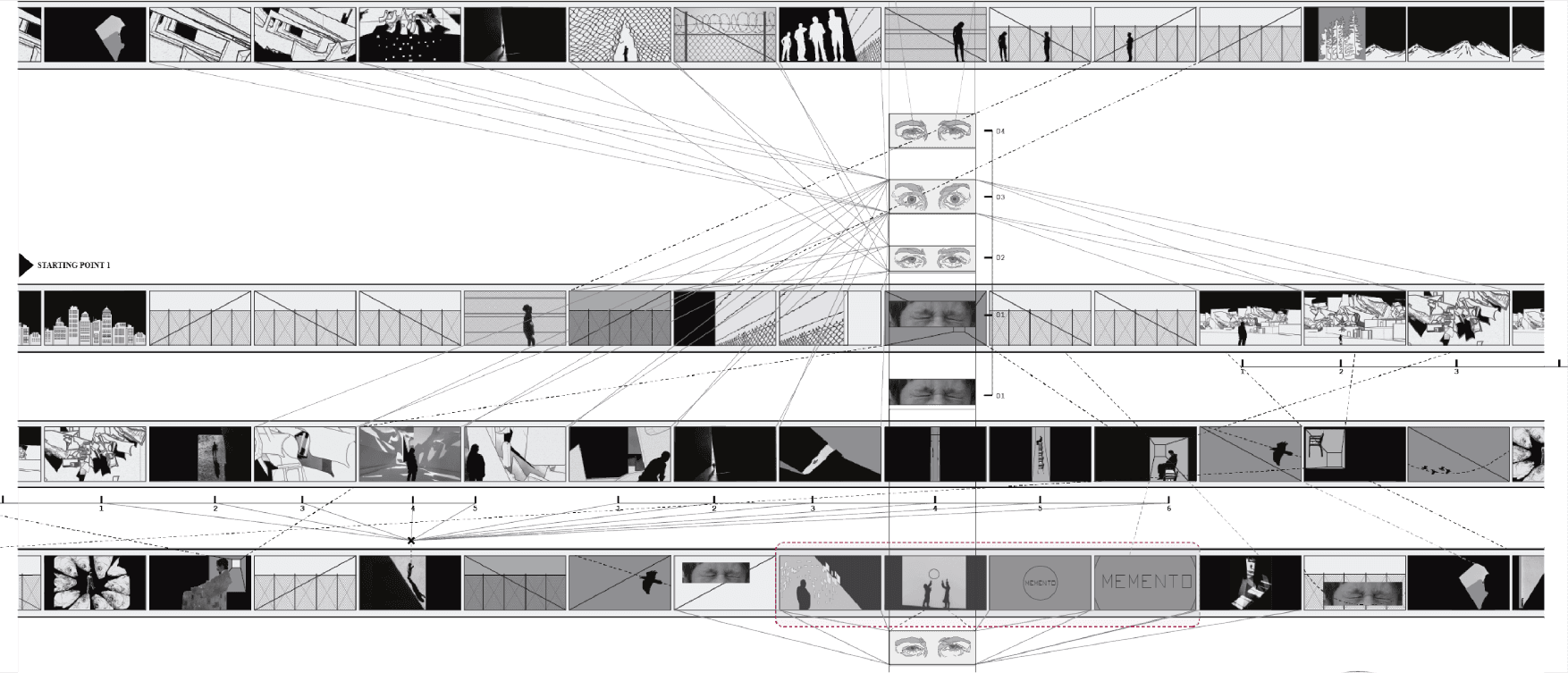 Storyboard reel — sequences of approach, glimpse, and meeting along the wall, watched by pairs of eyes
