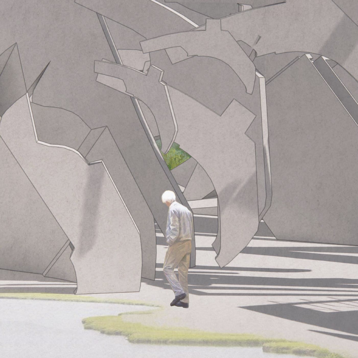 A visitor walks among fractured concrete plates, a green glimpse opening between them