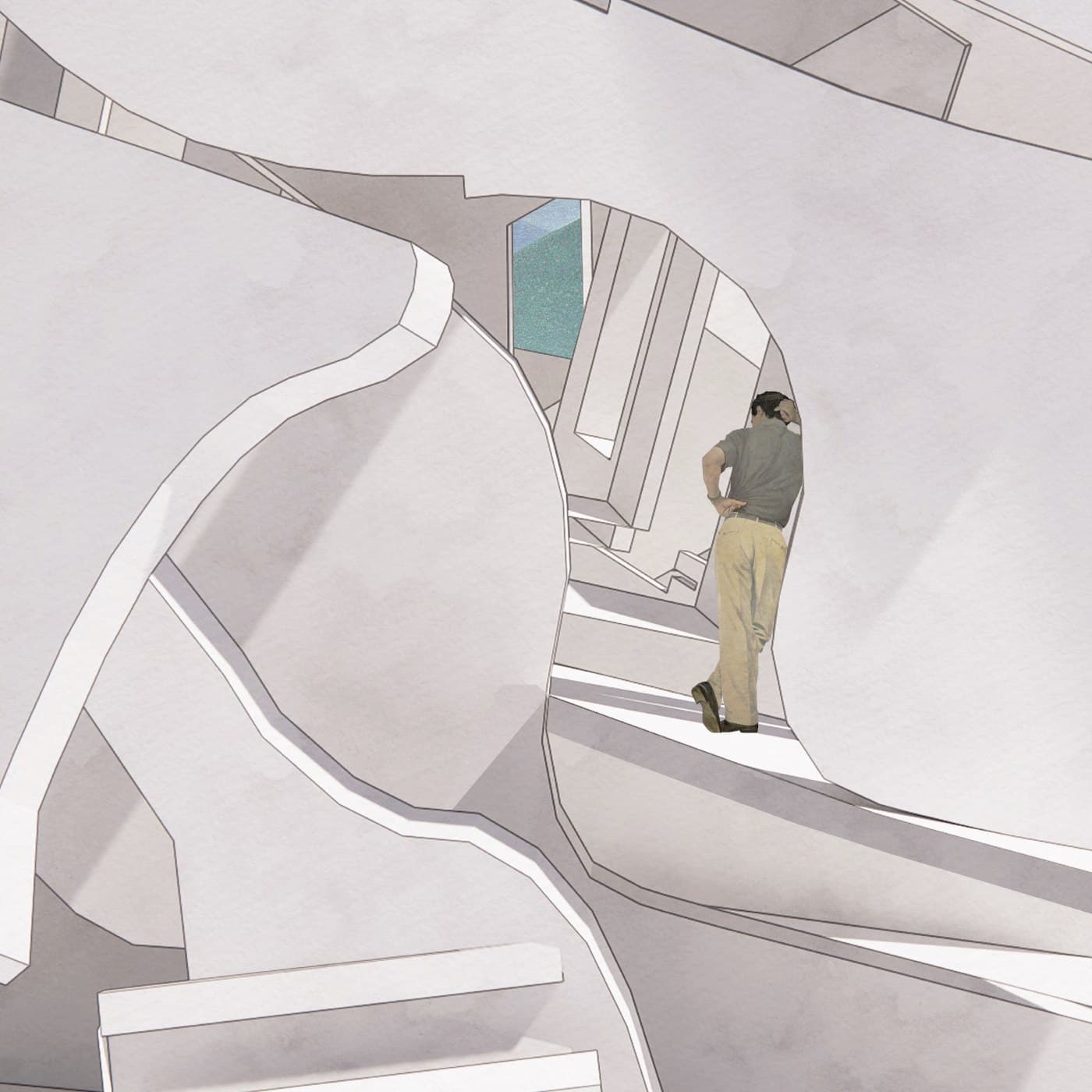 A figure climbs the winding stair inside the wall toward a lit opening