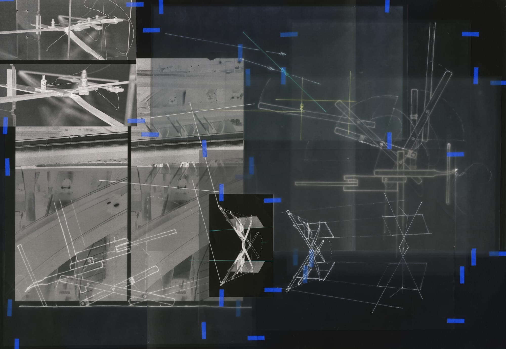 Study board — mechanism sketches over inverted photographs of a concrete viaduct, marked with blue tape