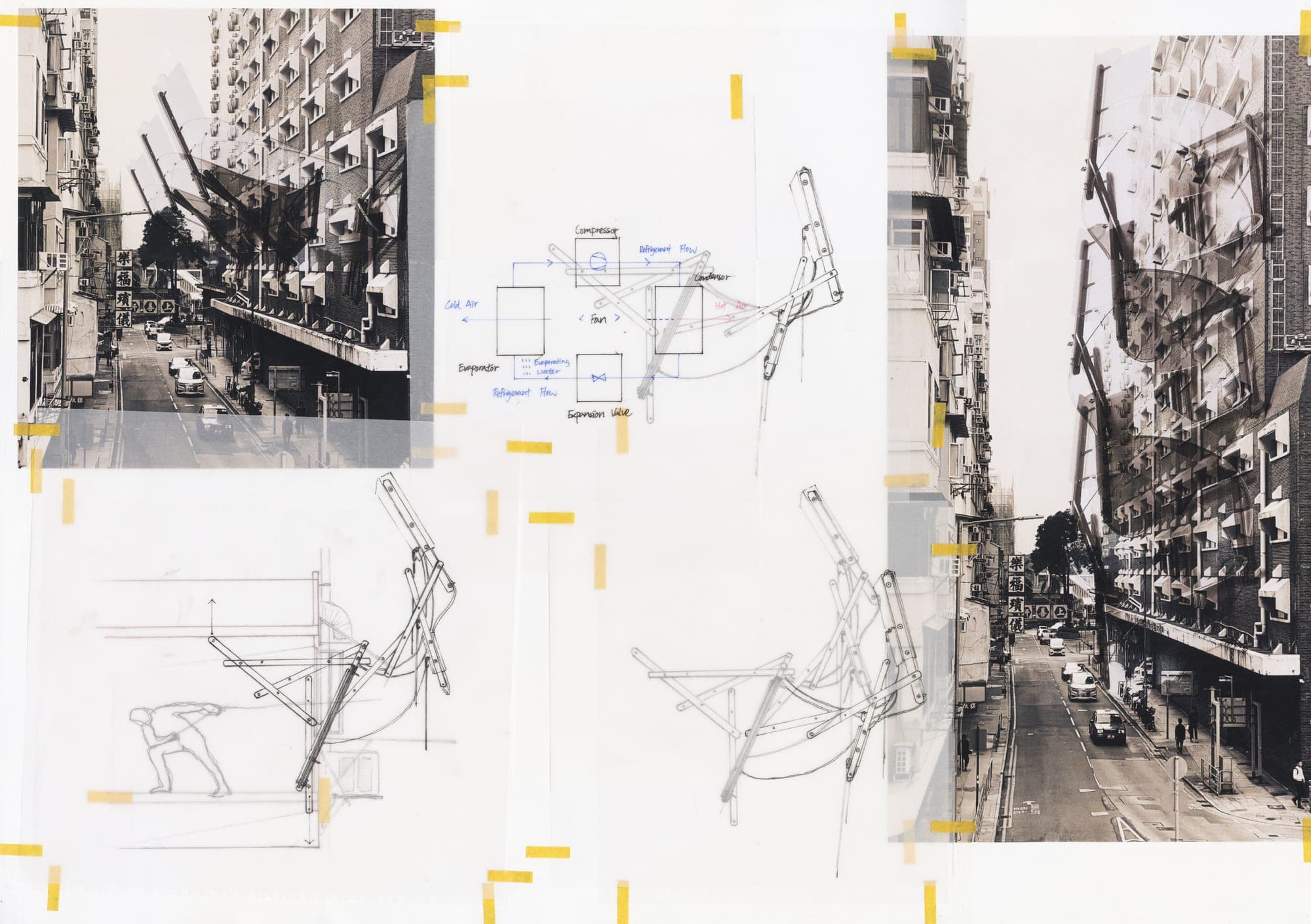 Street study collage — parasite mechanisms sketched over photographs of a Hong Kong street lined with window air-conditioners, a hand-drawn refrigerant cycle diagram at the center