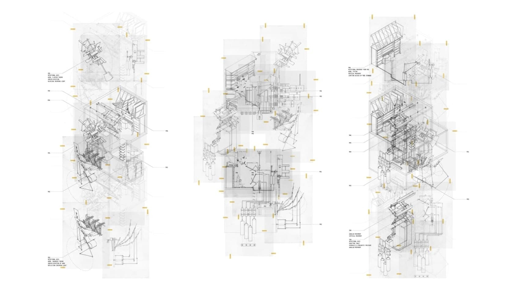 System axonometric — parasites P01 to P06 annotated across three exploded drawing columns, movements and pressure lines marked in yellow