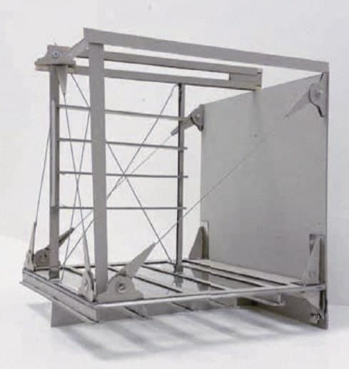 Working model of a cable-stayed shelf unit — grey metal frame, tensioned rods, and a folded plate wall