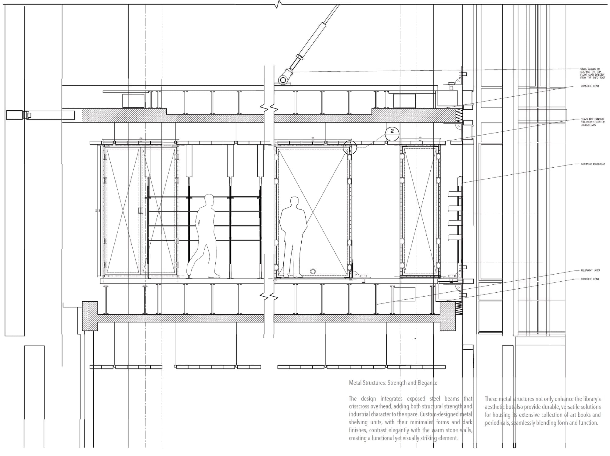 Detail section — aluminium bookshelf units hung from roof beams on steel cables, human silhouettes between the suspended stacks