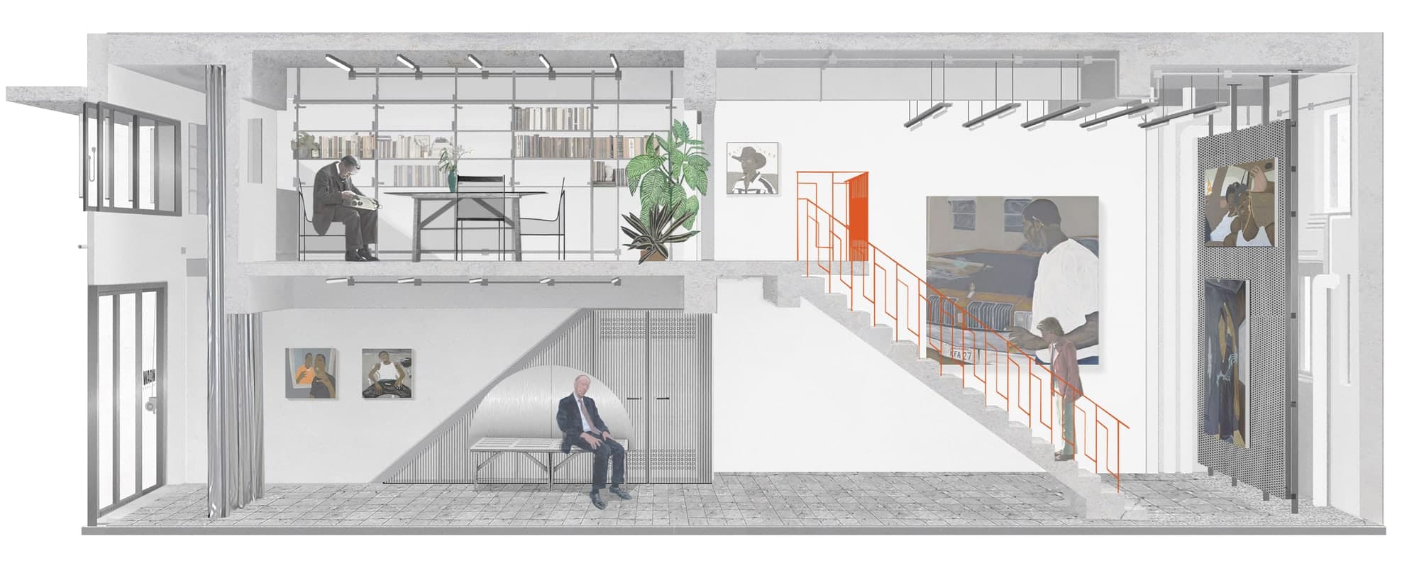 Long section — the two-storey gallery cut open: reading loft above, exhibition floor and under-stair alcove below, the steel stair rail running through