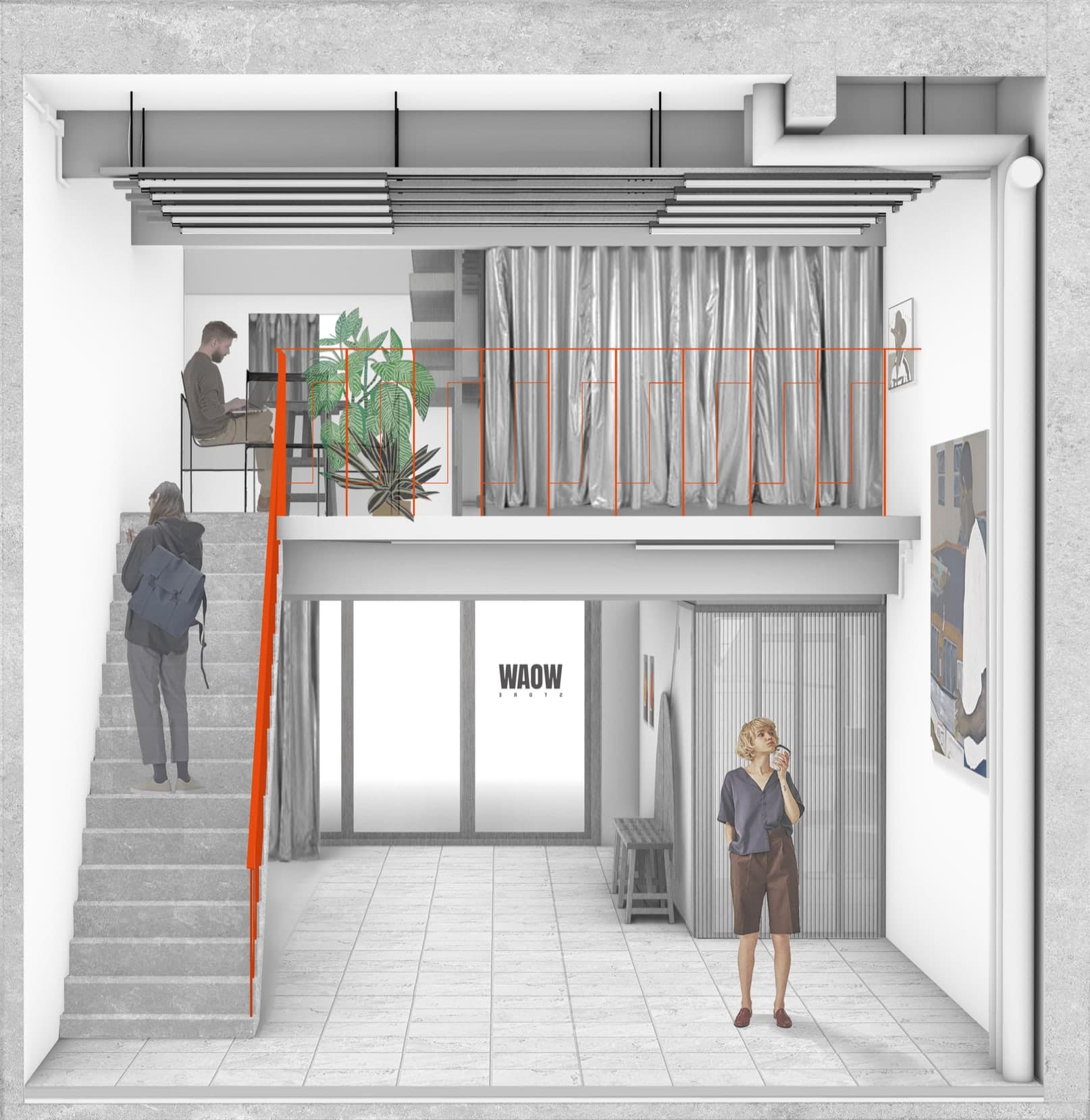 Interior perspective — mezzanine with silver curtain and steel rail above the storefront glazing