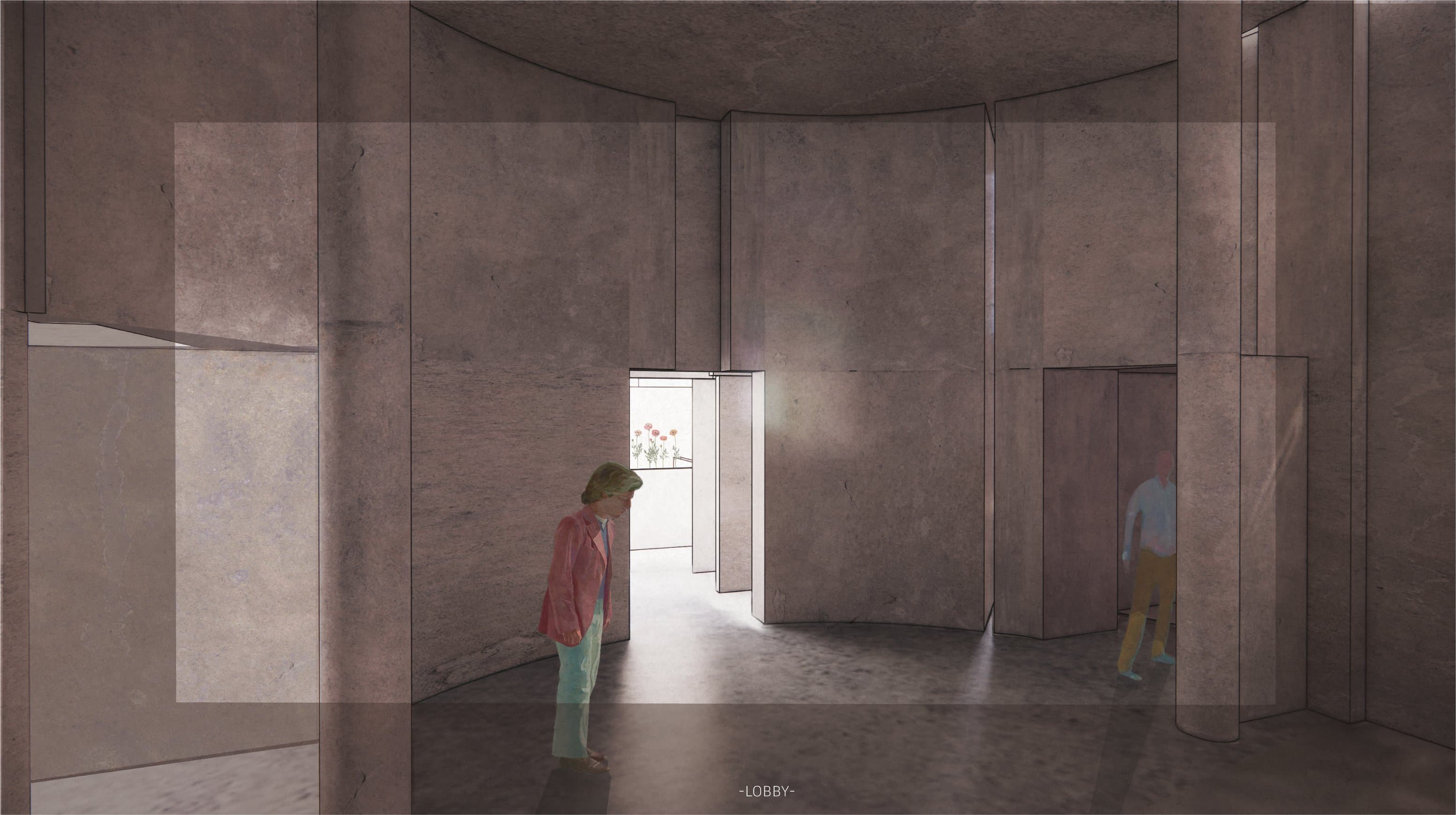 The lobby — a round room of curved stone walls, light entering through staggered openings, a visitor pausing at the glowing threshold