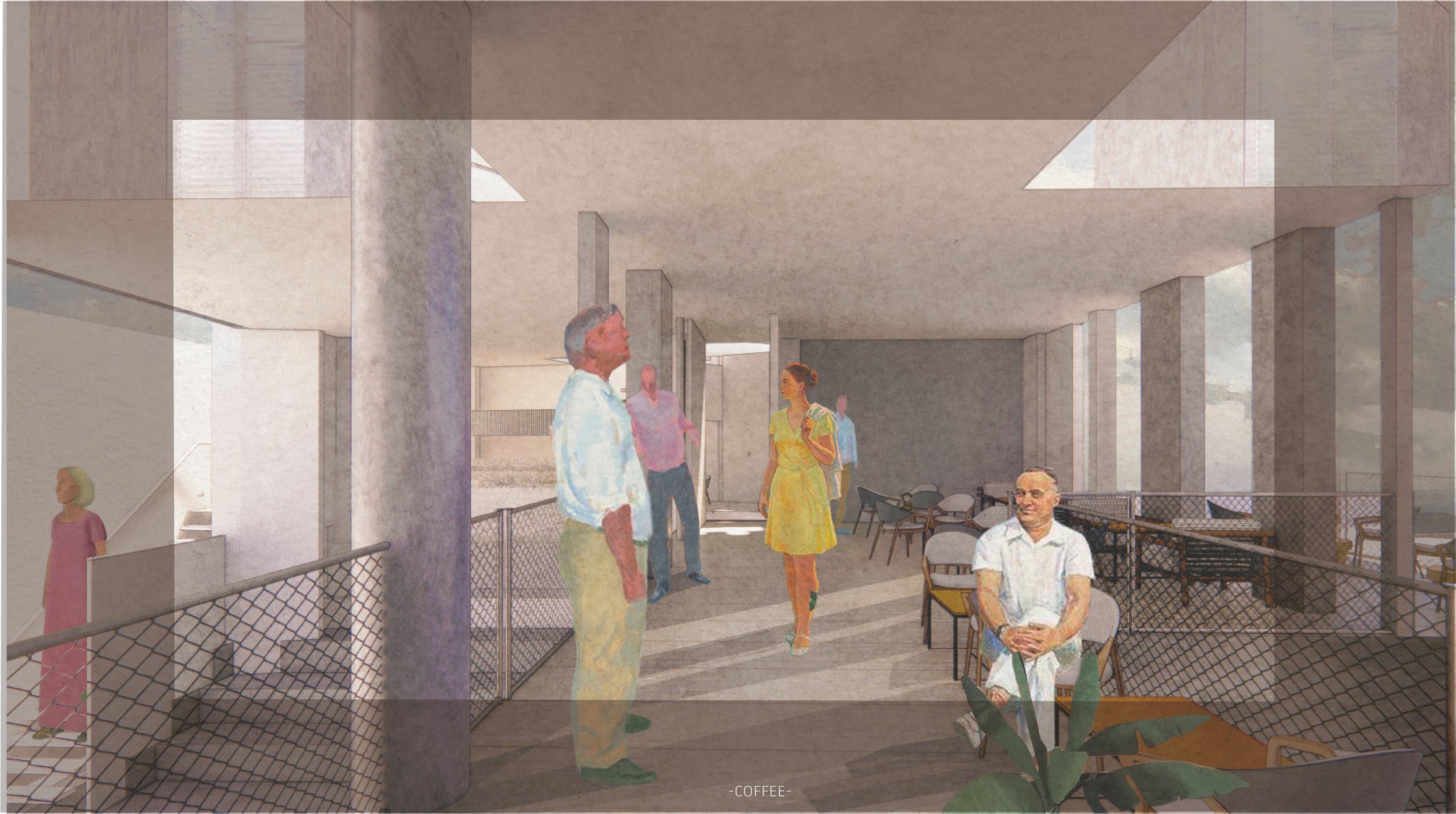 The coffee terrace — visitors gathered between concrete columns and chain-link balustrades, the room open to the breeze on both sides
