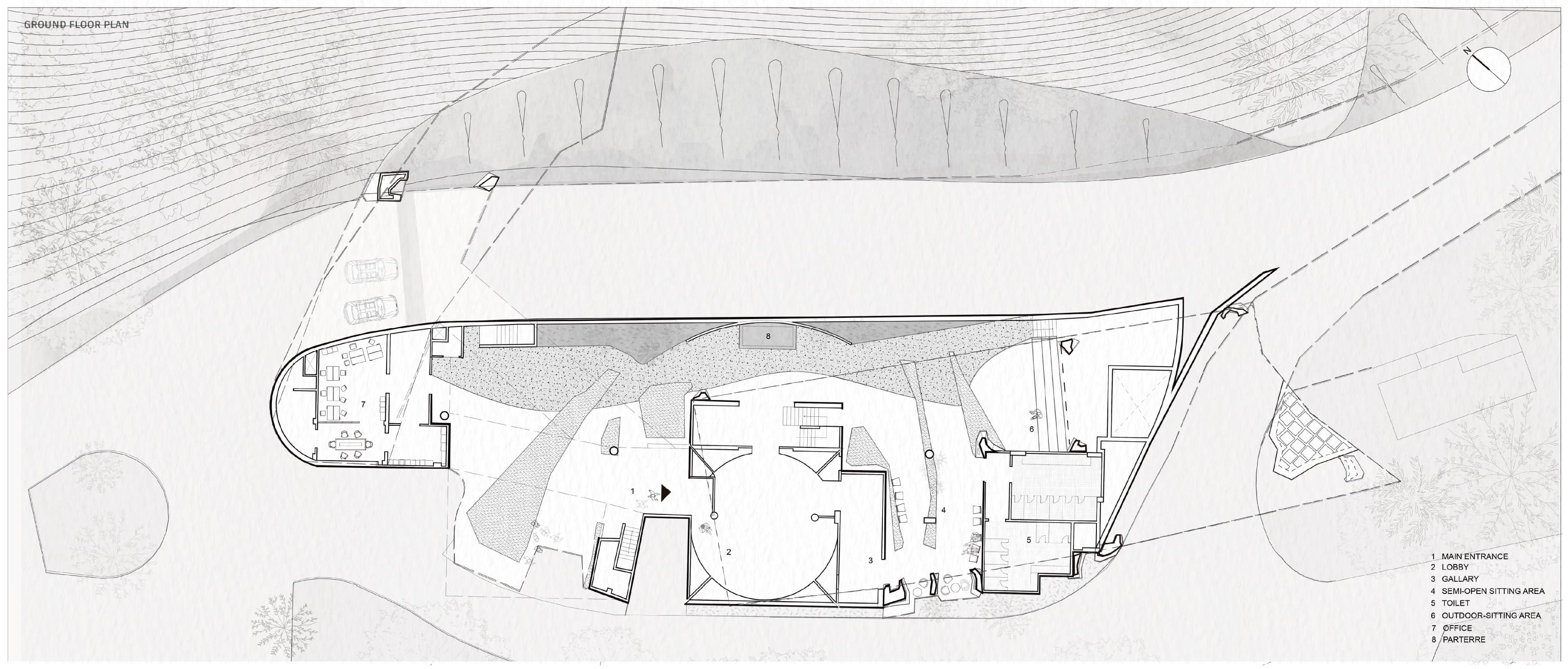 Ground floor plan — main entrance, curved lobby, gallery, semi-open sitting areas, and offices threaded between landscape and parterre