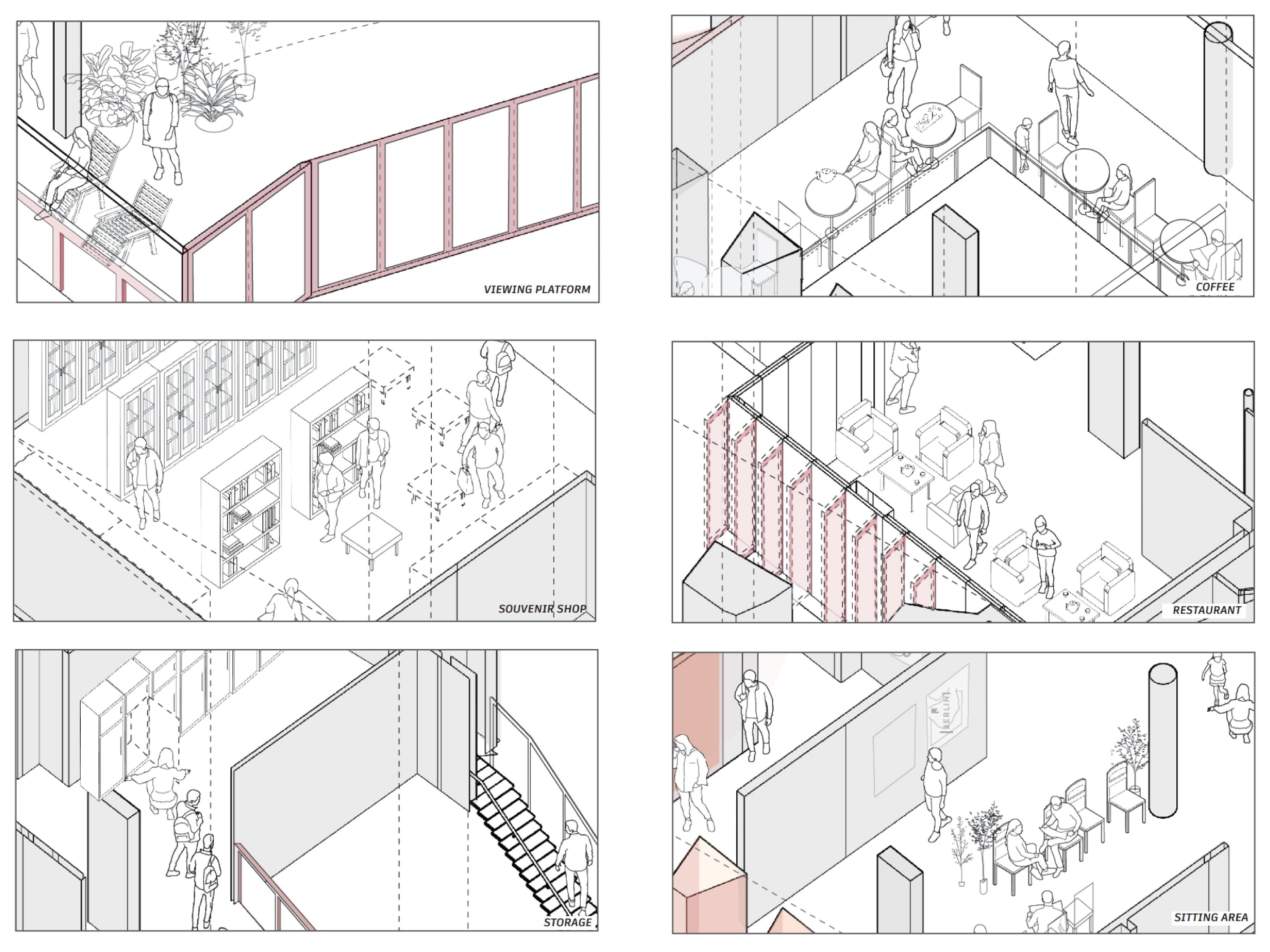 Six axonometric vignettes — viewing platform, coffee terrace, souvenir shop, restaurant, storage stair, and sitting area drawn as cutaway rooms