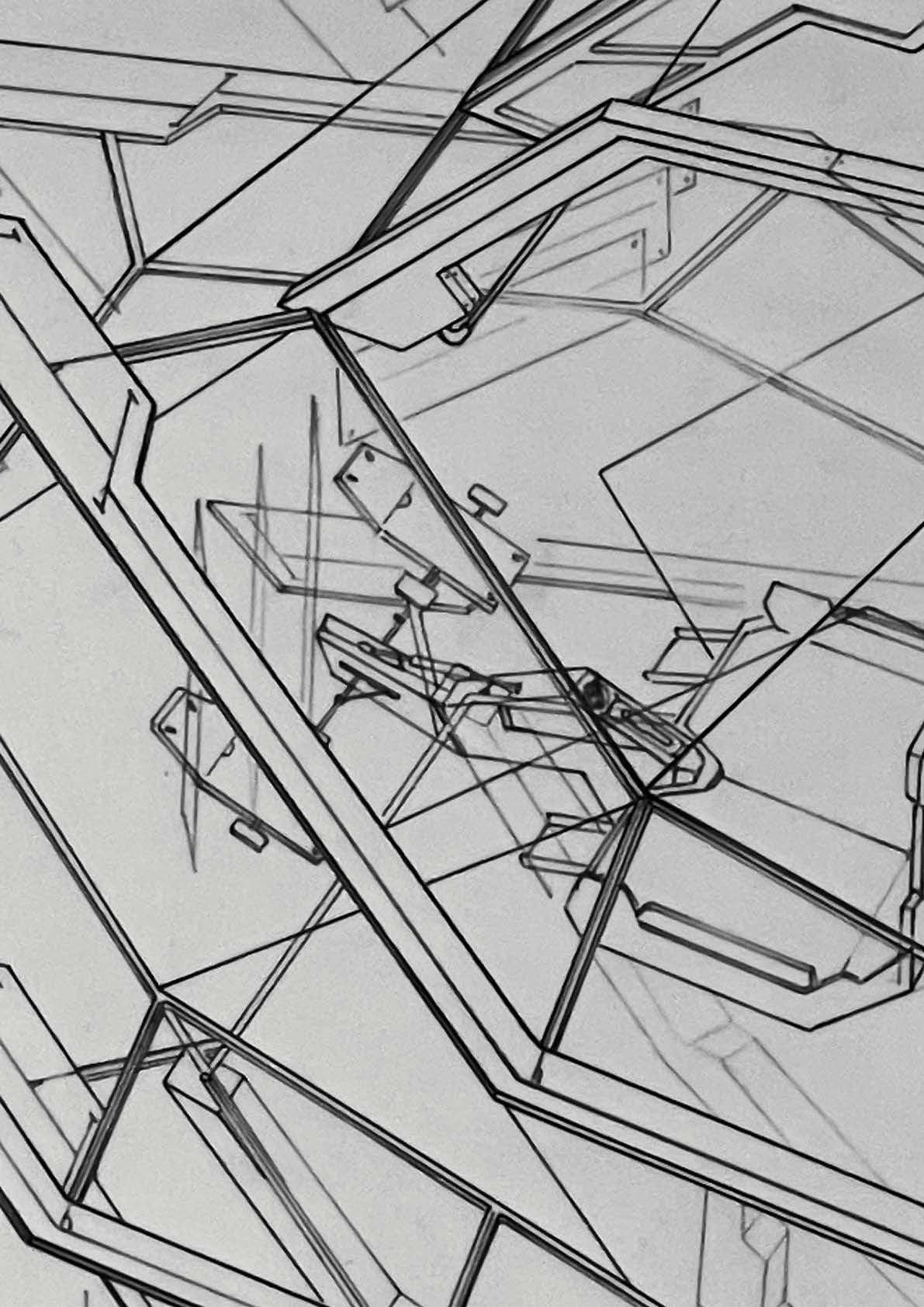 Capsule shell detail — faceted glazing panels and folded plate framing seen from inside the envelope