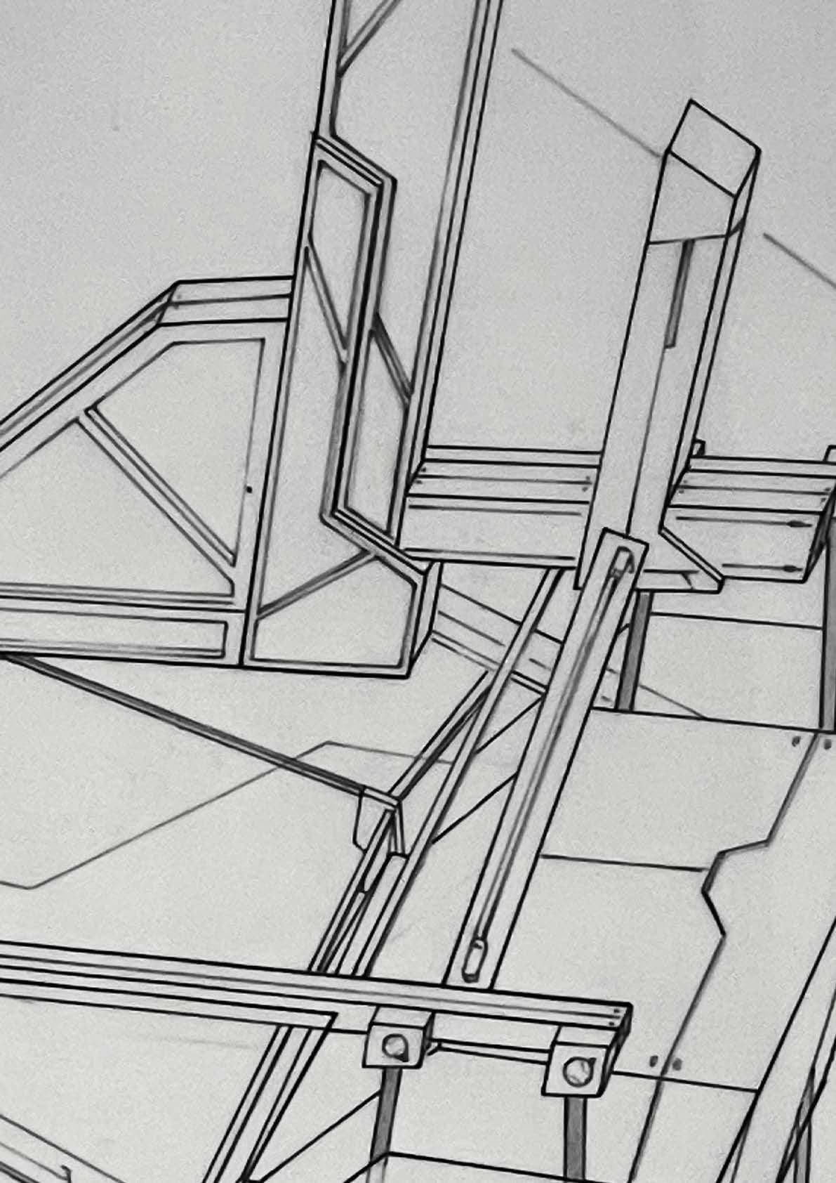 Capsule armature detail — hinged frames, tie rods, and clamp plates where the shell locks back onto its hanger