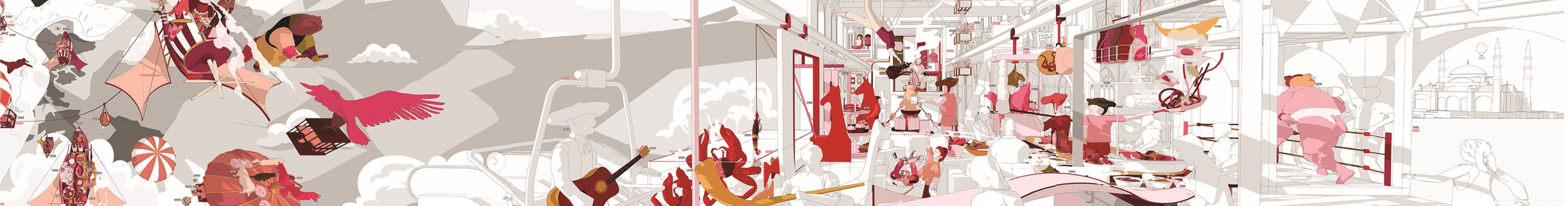 World-building panorama — landscapes, interiors, musicians, and cultural fragments sharing one visual language along the journey