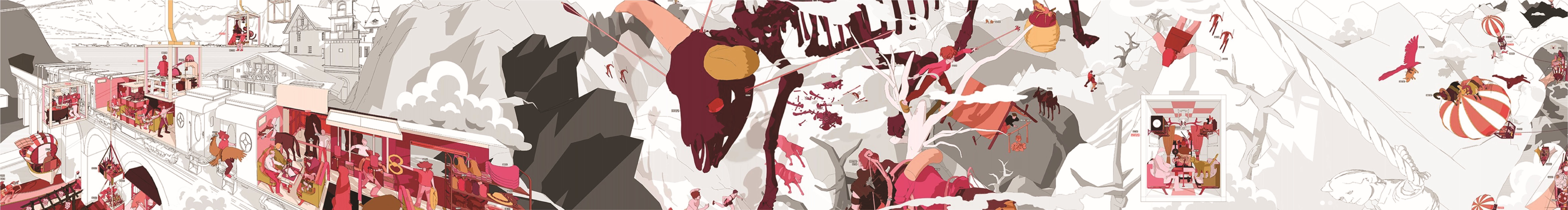 Scenic system panorama — modular objects, creatures, and balloons entering and recombining across the mountain landscape