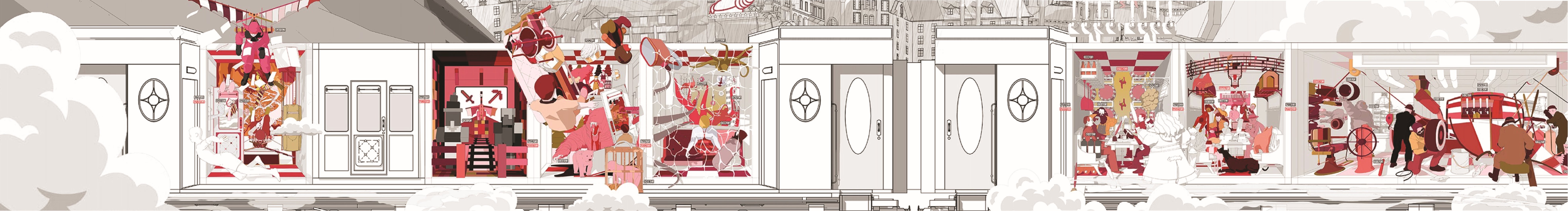 Journey timetable panorama — the train elevation with coded cabins mapping how objects and programs transfer between locations