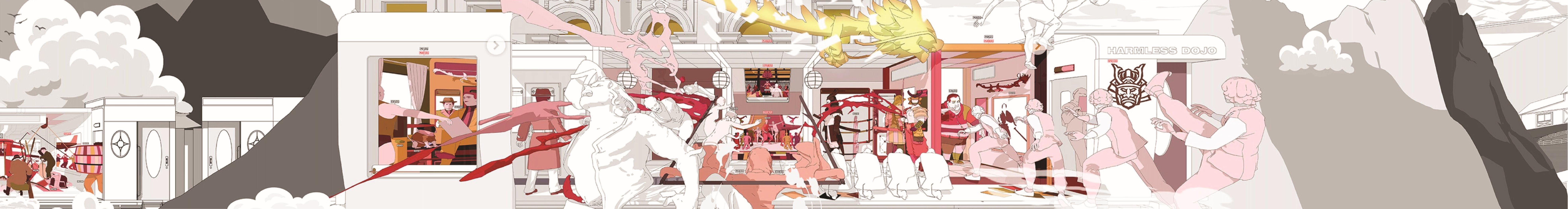 Human-scale panorama — passengers, corridors, and the Harmless Dojo seen from inside the moving train